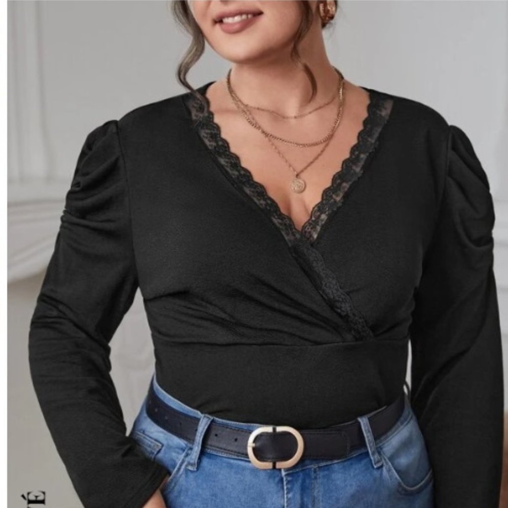 S086 Black Long Sleeve Top Shirt w Lace Trim Size 1XL NEW NWT